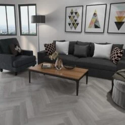 Real Wood Flooring Store 24 Liberty Floors Light Grey Oak - Herringbone SPC 5.5mm Rigid Core Vinyl Flooring (219444)